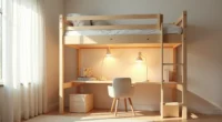 Wooden platform loft 4 feet high with desk, chair, and storage bins visible in the open space underneath.