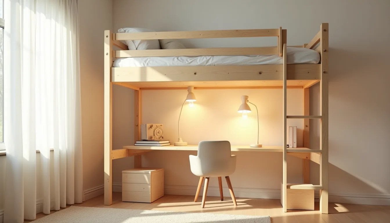 Wooden platform loft 4 feet high with desk, chair, and storage bins visible in the open space underneath.