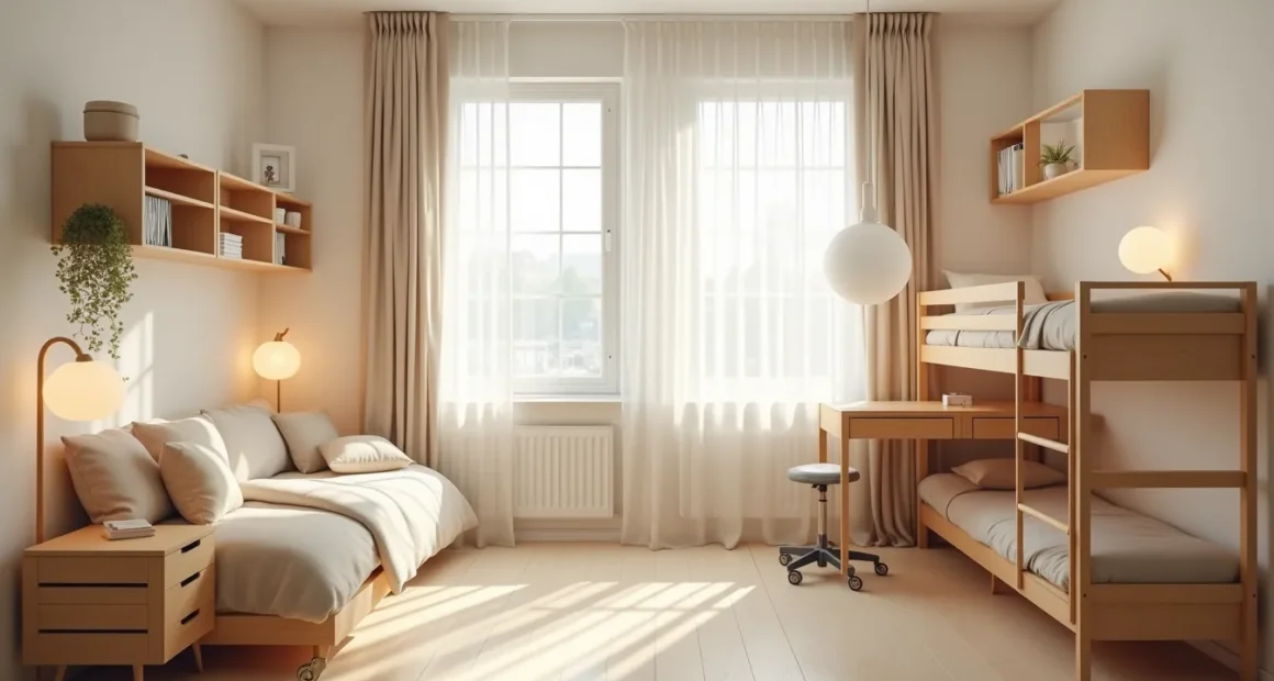 Overhead view showing a lofted bed with desk underneath, rolling cart, wall shelving, and corner seating with floor cushion.