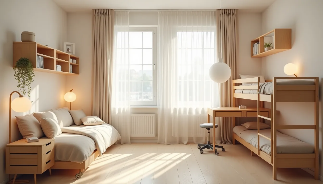 Overhead view showing a lofted bed with desk underneath, rolling cart, wall shelving, and corner seating with floor cushion.