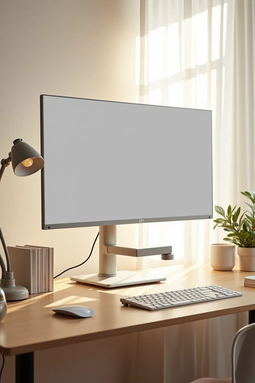 Desk setup with monitor arm, cable-management tray, keyboard, mouse, and adjustable lamp against a blank wall.
