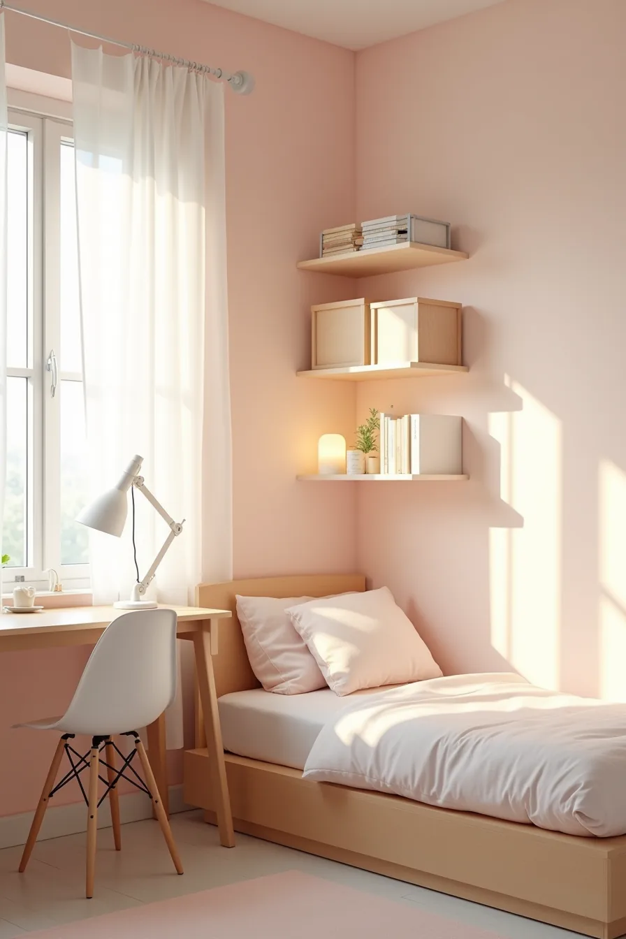 Small dorm with blush pink walls, white floating shelf holding wooden boxes, white desk chair, light wood bed frame, and