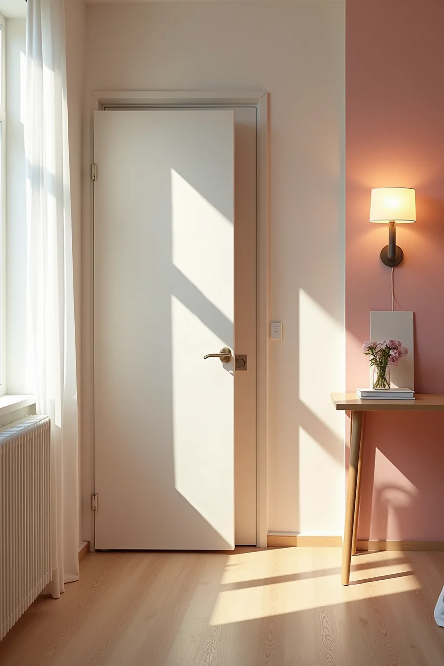 Before-and-after comparison of cramped pink dorm with crowded furniture versus spacious layout with pink accent wall and