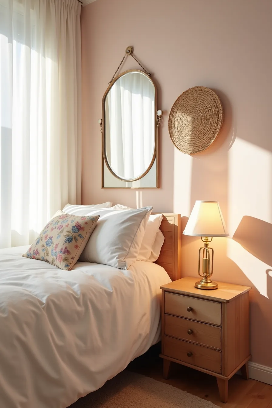 Dusty rose wall with mismatched wooden nightstands, vintage brass mirror, floral pillow, and woven rattan wall hanging above