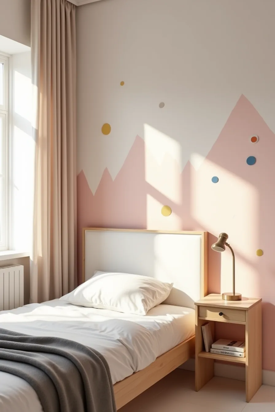 Mid-tone pink wall decorated with geometric peel-and-stick decals, white bed with gray throw blanket, brass desk lamp, and