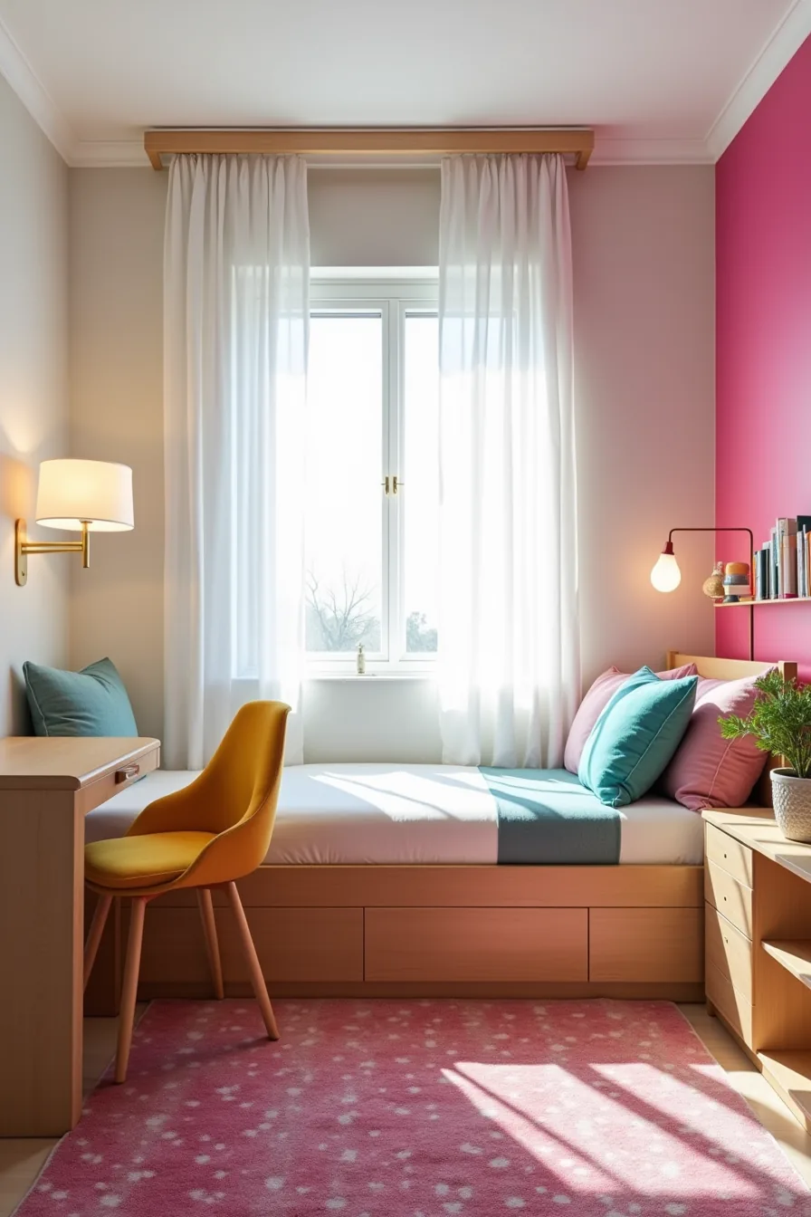 Hot pink accent wall with teal pillows on bed, mustard yellow chair, patterned rug in pink and jewel tones, and colorful
