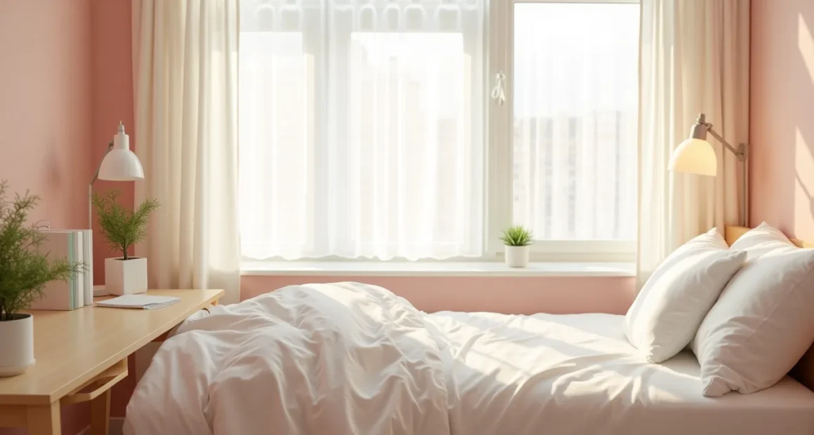 Pale pink wall with white trim meets a natural wood desk topped with a potted plant and white folded bedding in morning