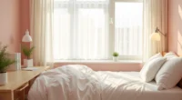 Pale pink wall with white trim meets a natural wood desk topped with a potted plant and white folded bedding in morning
