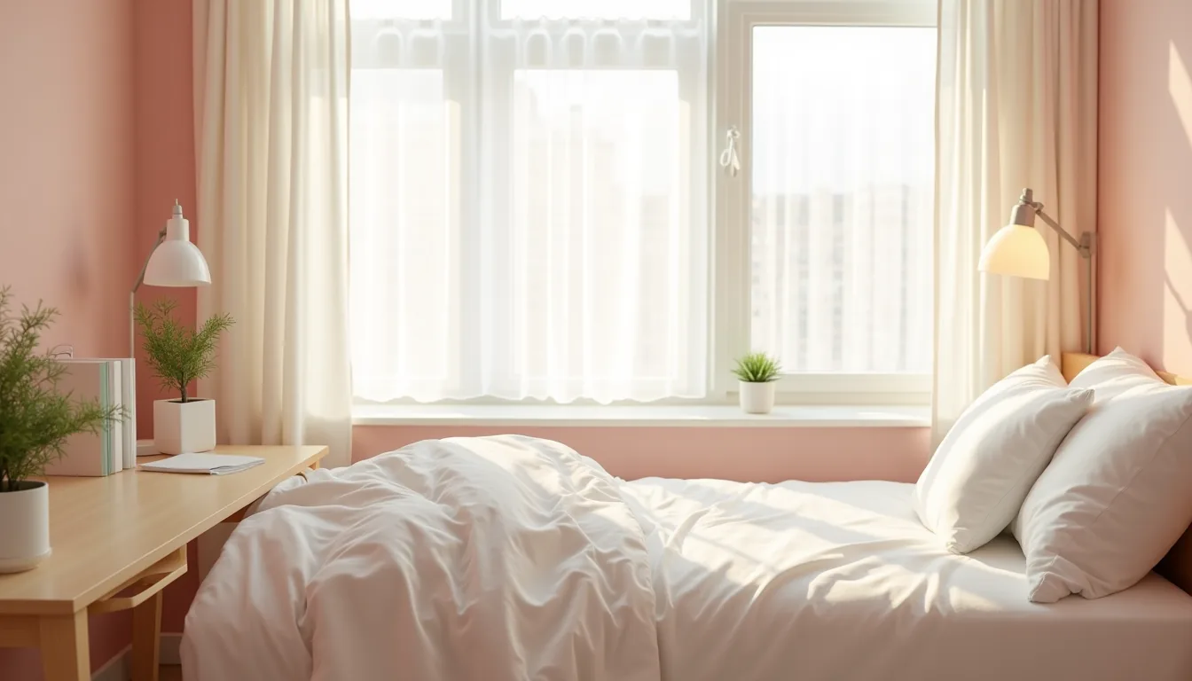 Pale pink wall with white trim meets a natural wood desk topped with a potted plant and white folded bedding in morning