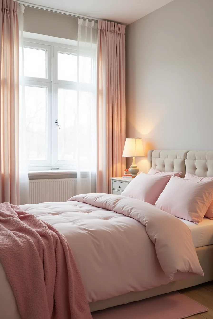 Pink linen duvet layered with patterned throw blanket, pink and cream striped curtains, pink area rug, and white desk in