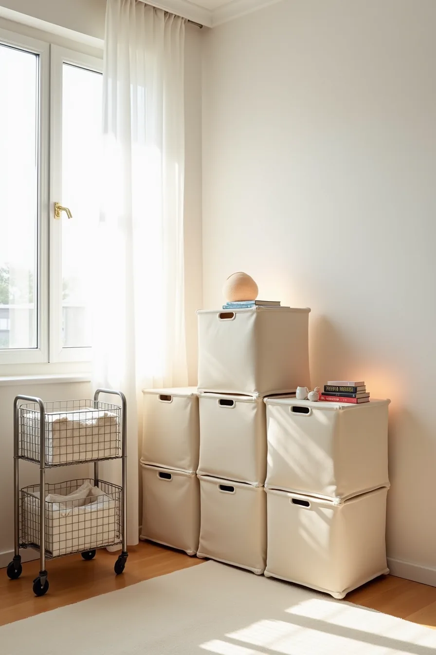Corner arrangement of stacked fabric storage cubes, rolling wire basket cart, and plastic bins with spacing between items.