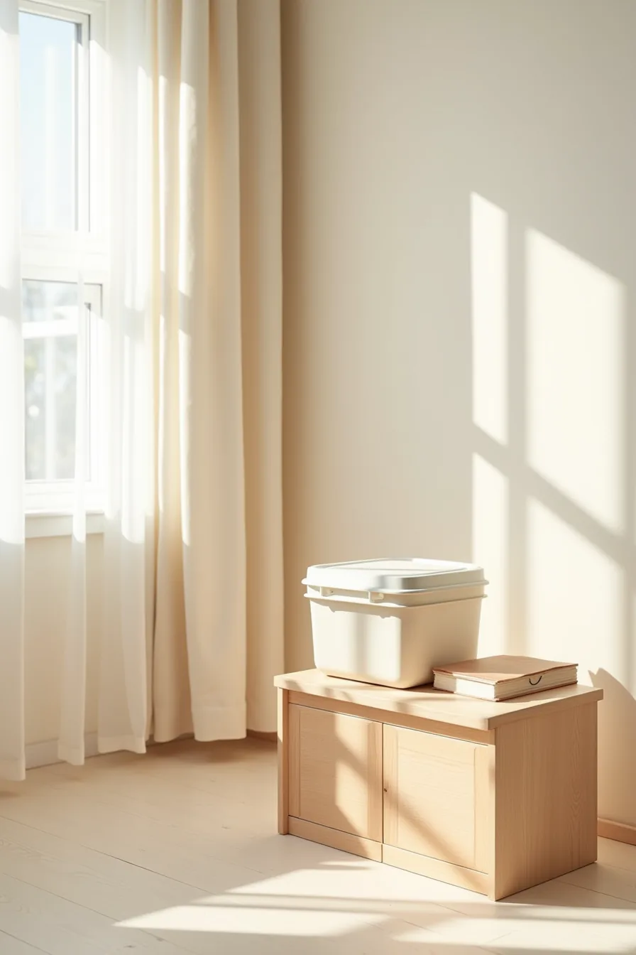 Three storage products displayed separately: plastic bin, adhesive shelf strip, and wooden cube showing material