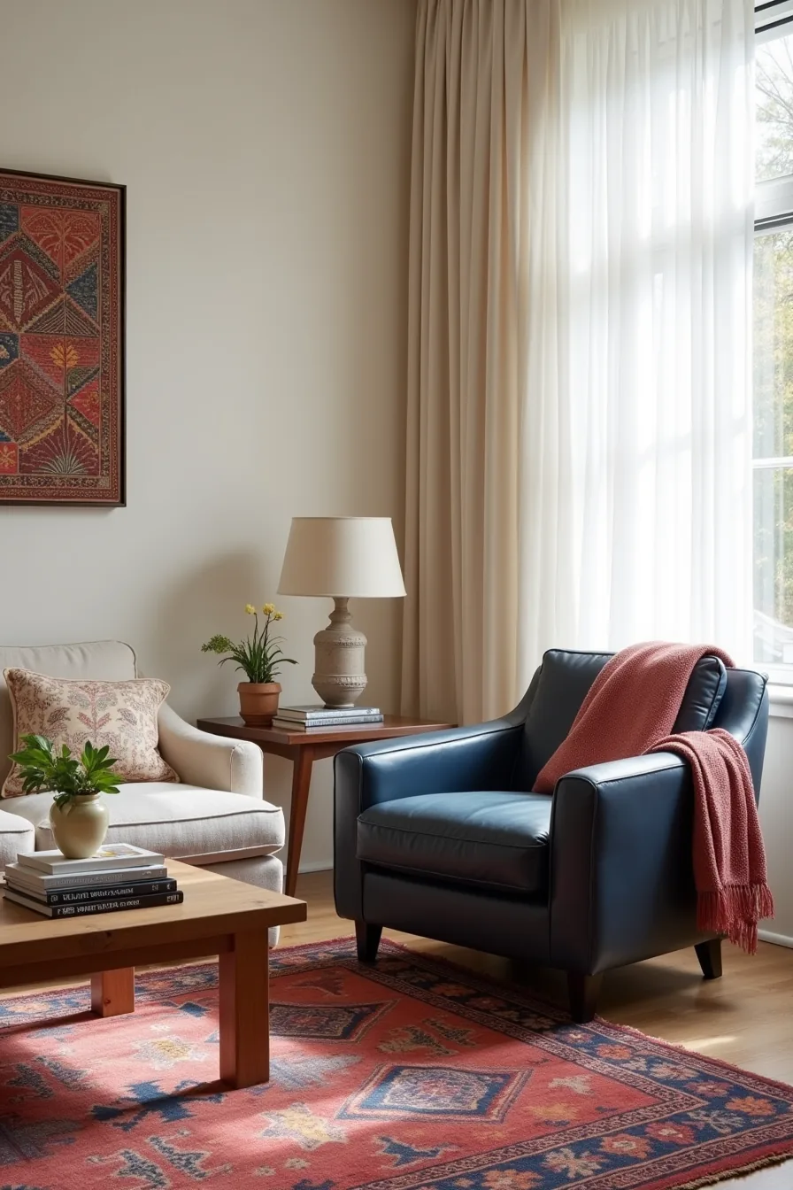 Luxury living room detail with jewel-toned wool rug, indigo leather chair, Turkish kilim throw, framed textile art, and wood