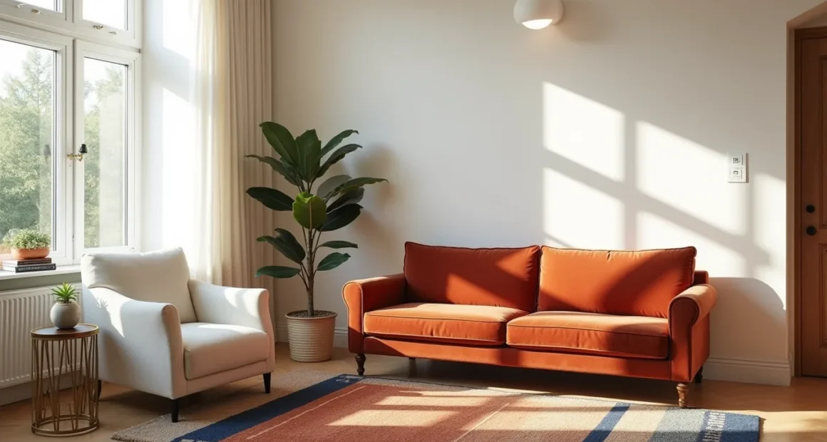 Overhead view of a living room corner with a jewel-toned velvet sofa, cream armchair, geometric rust and navy rug, brass