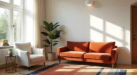Overhead view of a living room corner with a jewel-toned velvet sofa, cream armchair, geometric rust and navy rug, brass