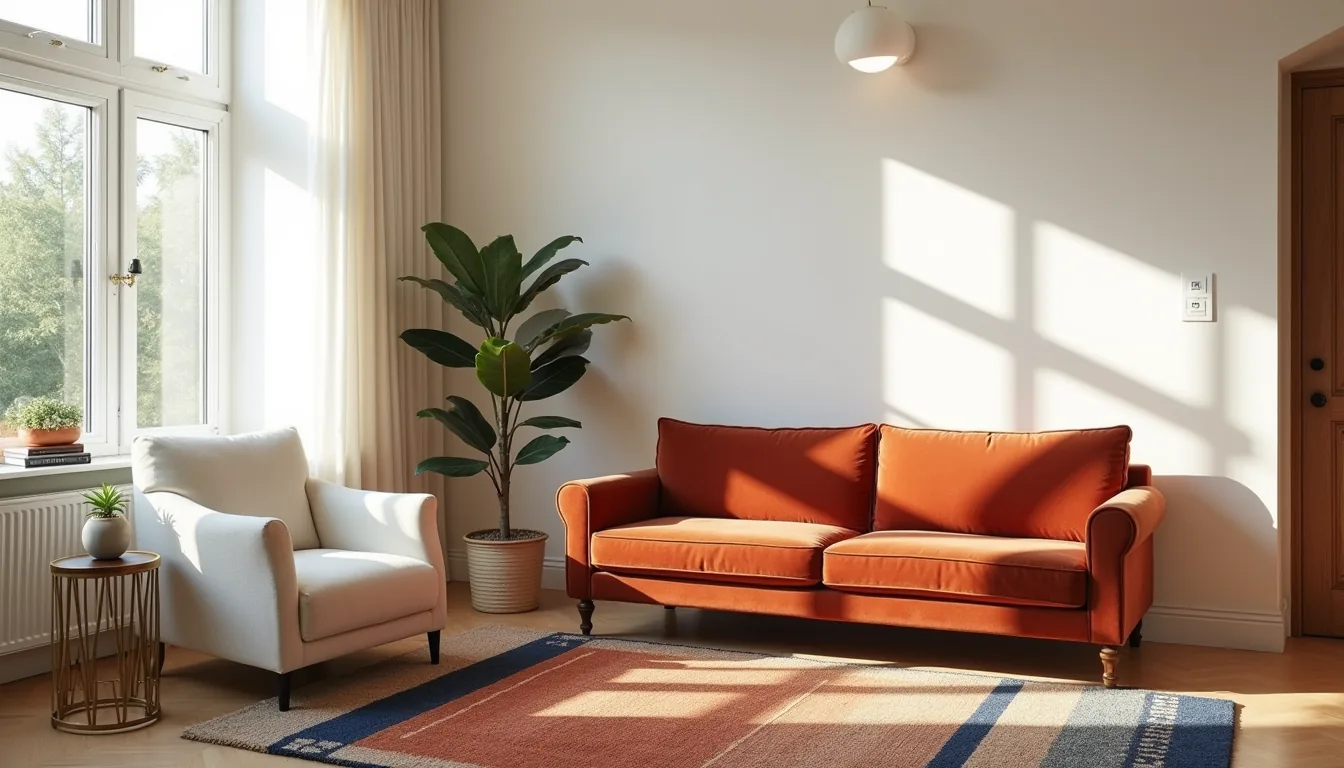 Overhead view of a living room corner with a jewel-toned velvet sofa, cream armchair, geometric rust and navy rug, brass