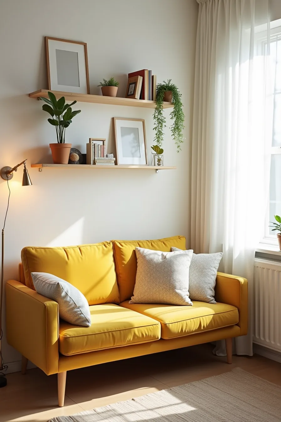 Compact living room corner with mustard yellow sofa, stacked patterned cushions, wall shelves, compact table, and hanging