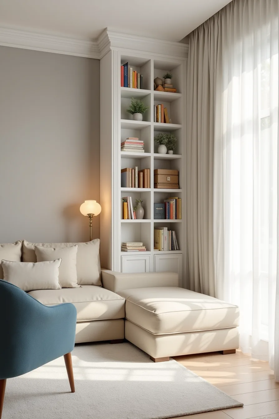 Living room with gray accent wall, white built-in shelving, beige sofa, white rug, and a jewel-toned armchair.
