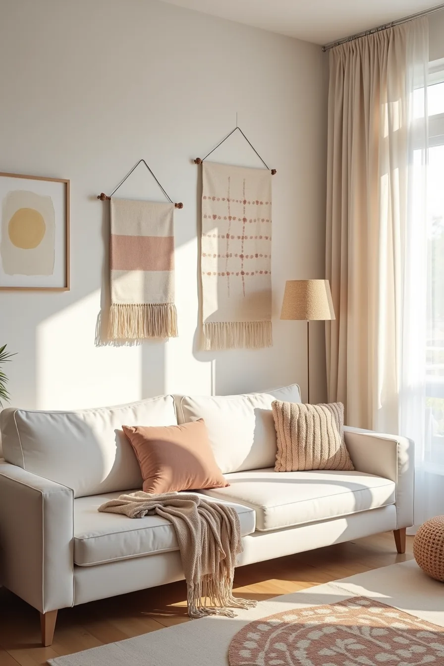 Rental-friendly living room with peel-and-stick geometric wallpaper, layered rugs, fabric wall hanging with tassels, and