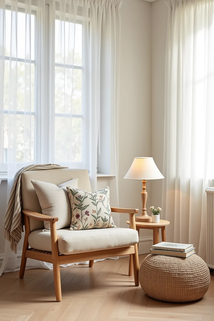 Flat lay showing a striped linen chair with floral blanket, geometric cushion, botanical pillow, and woven pouf.