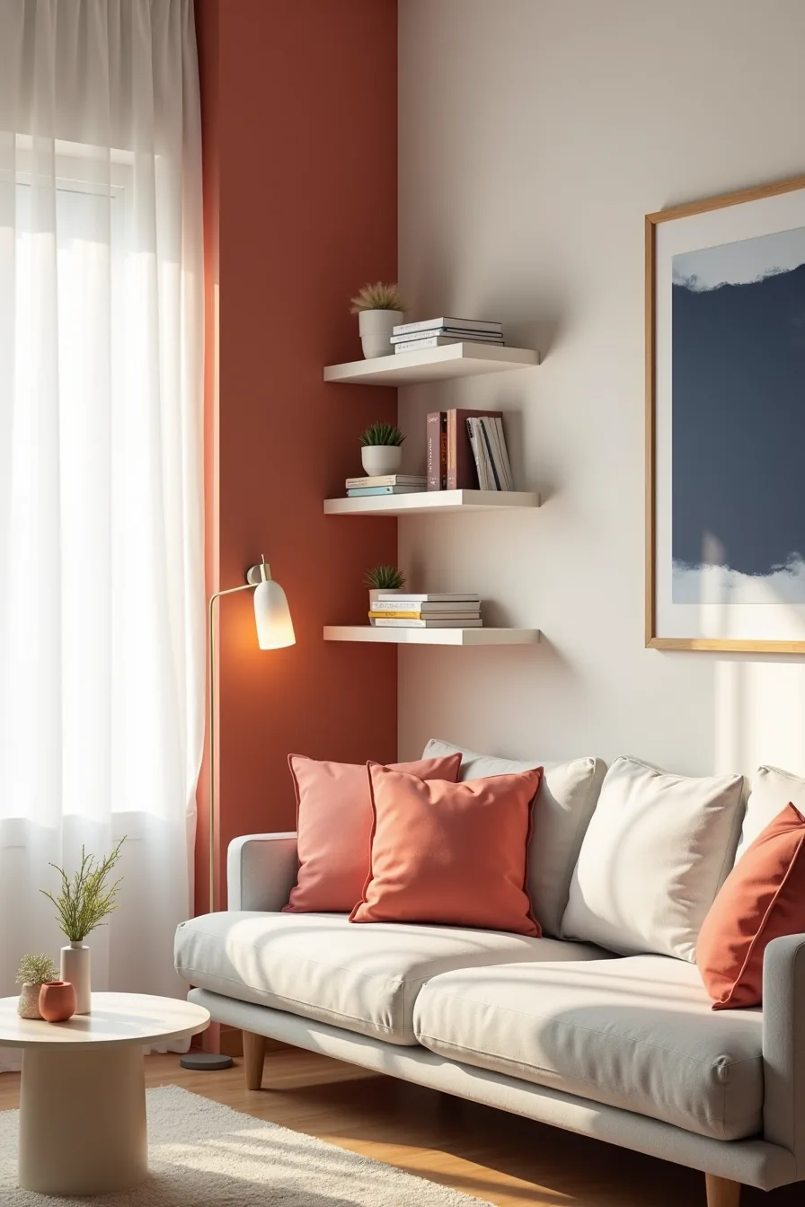 Living room wall with terracotta paint, pale gray sofa, coral pillows, navy artwork, and cream floating shelf.