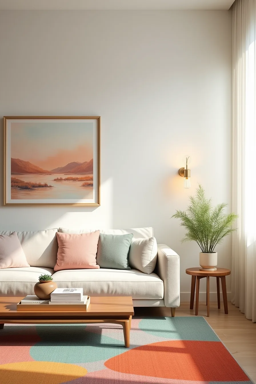 Living room with colorful abstract rug, wooden table, warm-toned landscape painting, and potted plant against neutral walls.