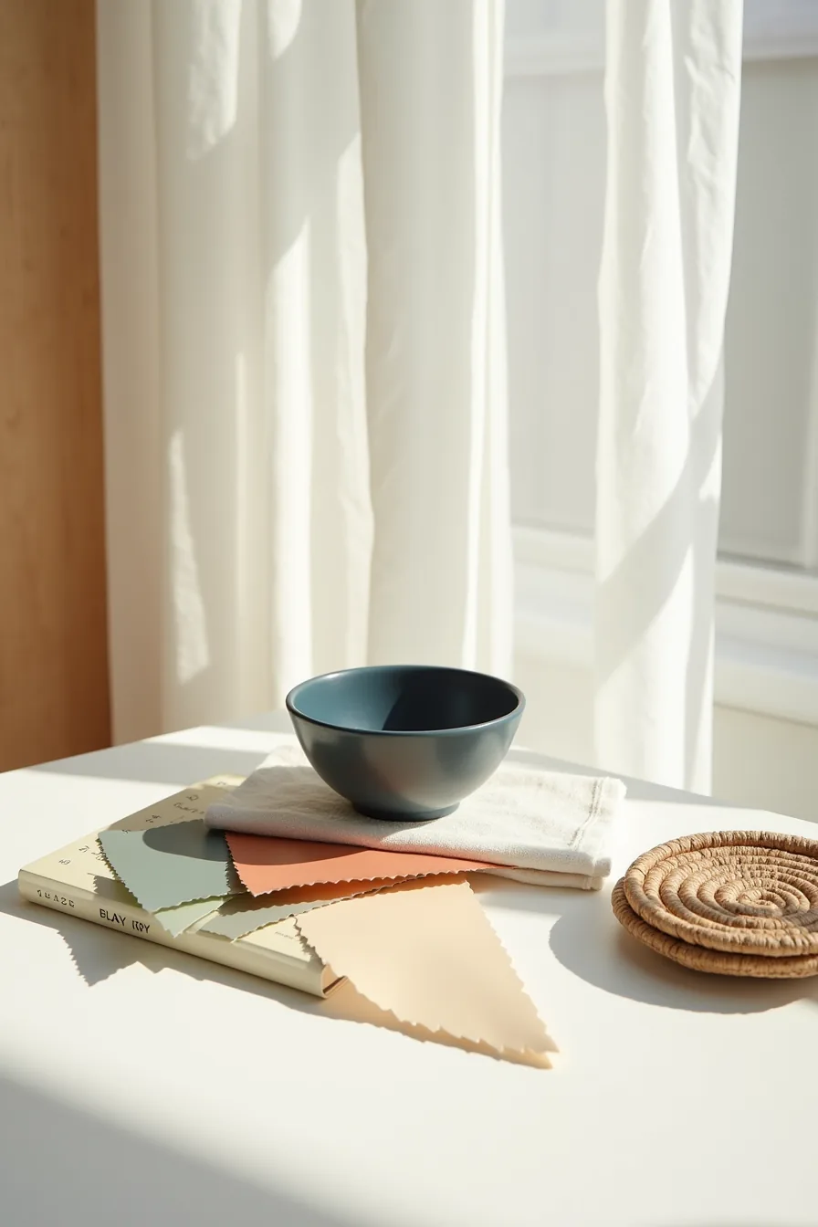 Flat lay displaying paint swatches in navy, terracotta, and sage alongside cream fabric, navy bowl, and woven coaster.