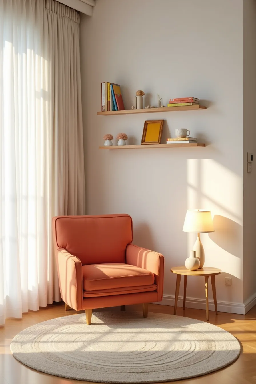 Overhead view of compact living room with coral accent chair, striped rug, floating shelves with books, and side table.