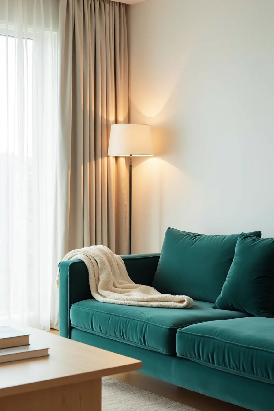 Jewel-toned velvet sofa against white wall with cream throw, linen curtains, and light wood coffee table.