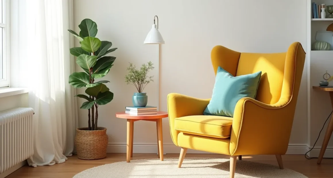 Overhead view showing mustard armchair, teal pillow, coral table, cream rug, and green plant arranged together in a corner.