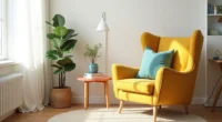 Overhead view showing mustard armchair, teal pillow, coral table, cream rug, and green plant arranged together in a corner.
