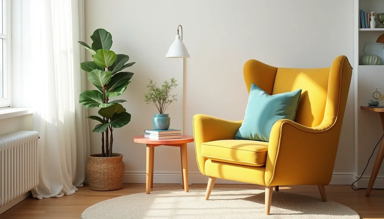 Overhead view showing mustard armchair, teal pillow, coral table, cream rug, and green plant arranged together in a corner.