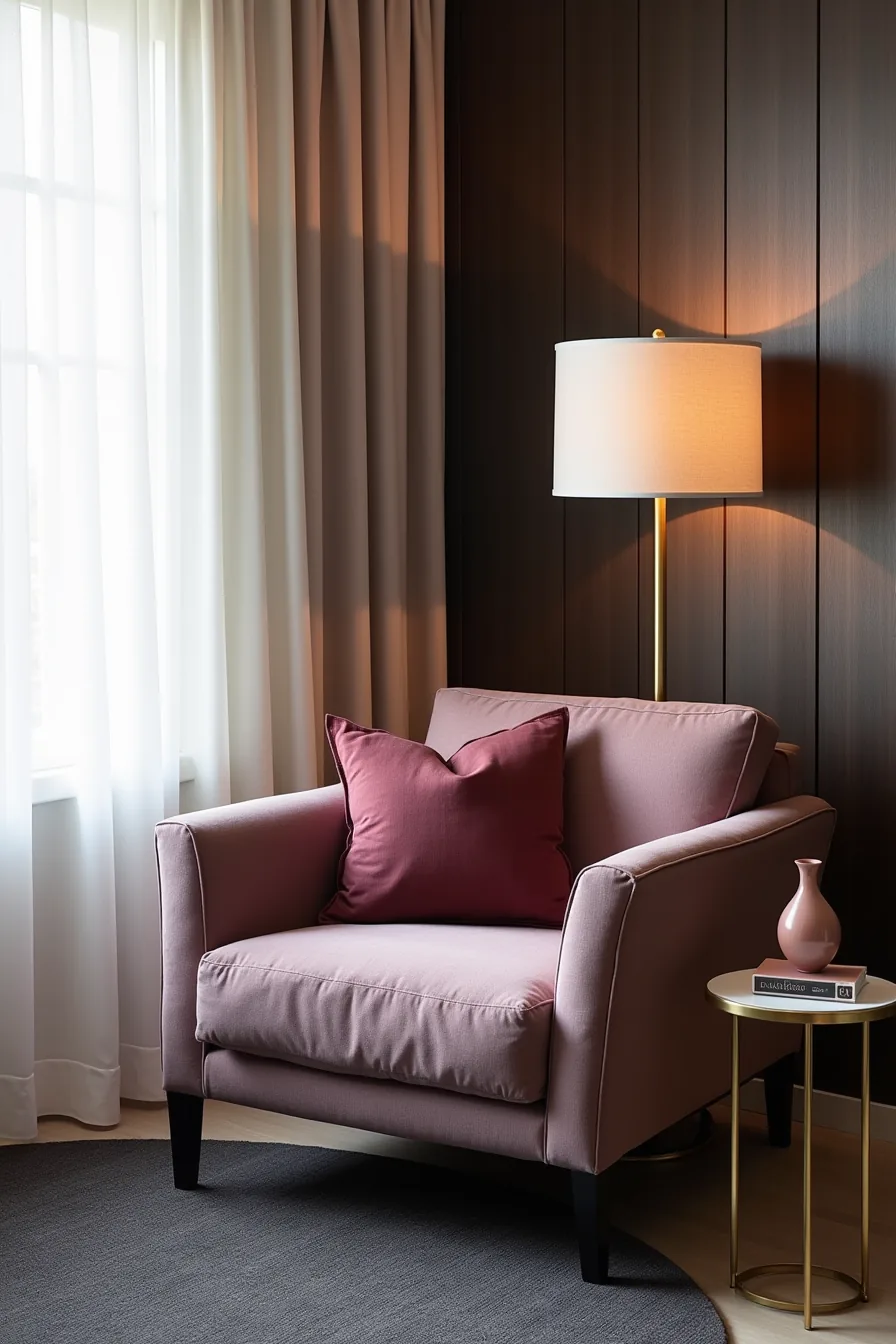 Plum sofa with burgundy pillow, brass lamp, charcoal rug, and dusty rose ceramic vessel against dark paneled wall.