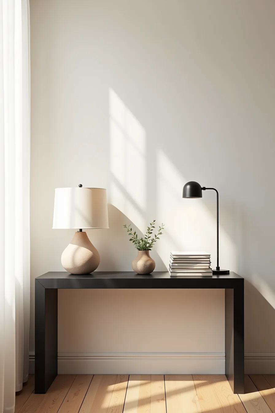 Black console table with a tall sculptural piece on one side and stacked books with a ceramic object on the other side.