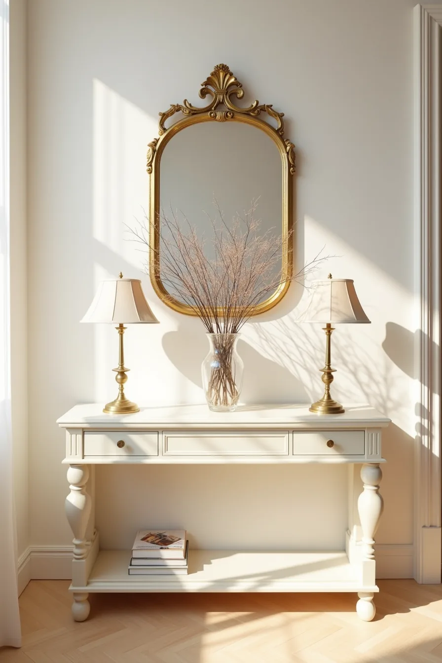Cream console table with a tall vase of dried branches centered between two matching brass lamps, beneath an ornate mirror.