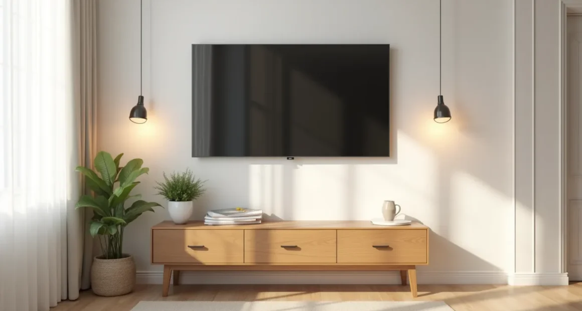 Wooden console table under a wall-mounted TV with a potted plant and decorative object, leaving most of the surface empty.