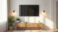 Wooden console table under a wall-mounted TV with a potted plant and decorative object, leaving most of the surface empty.