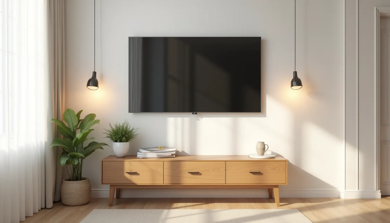 Wooden console table under a wall-mounted TV with a potted plant and decorative object, leaving most of the surface empty.