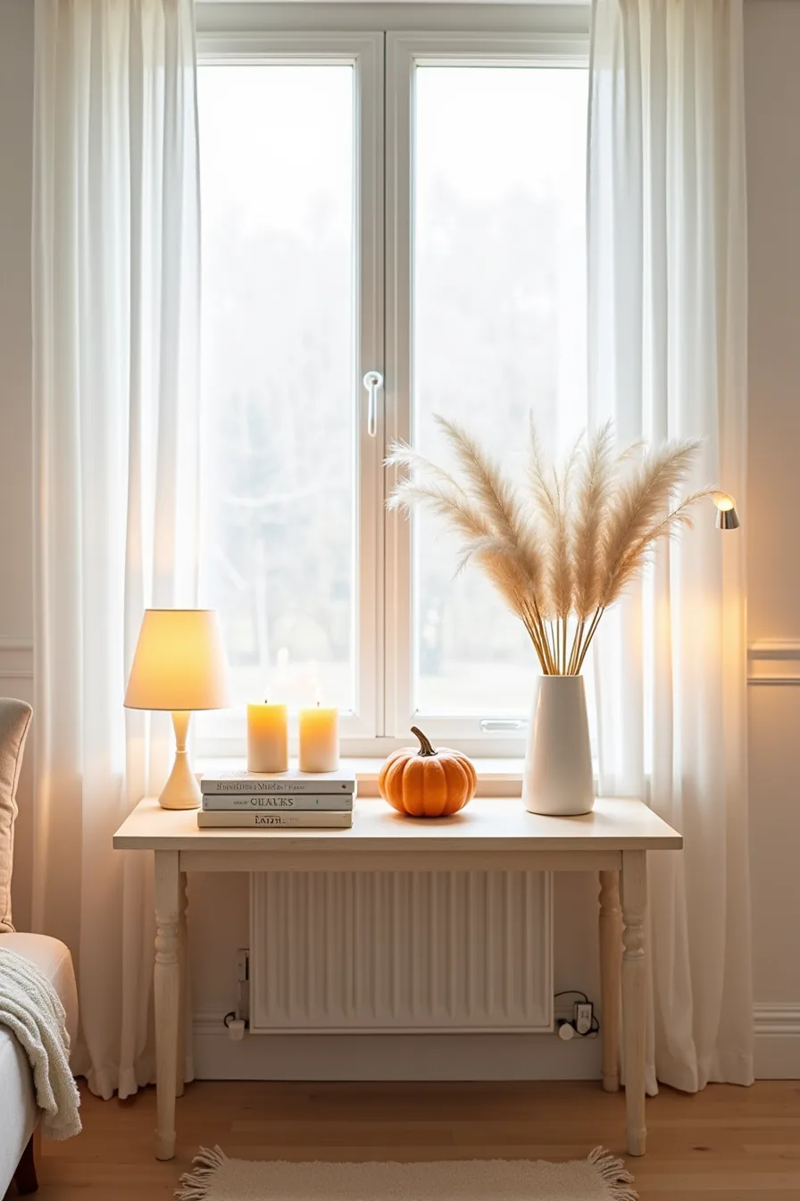 Console table decorated with portable autumn items: candles, a pumpkin, and dried grasses in a vase, easily removable.