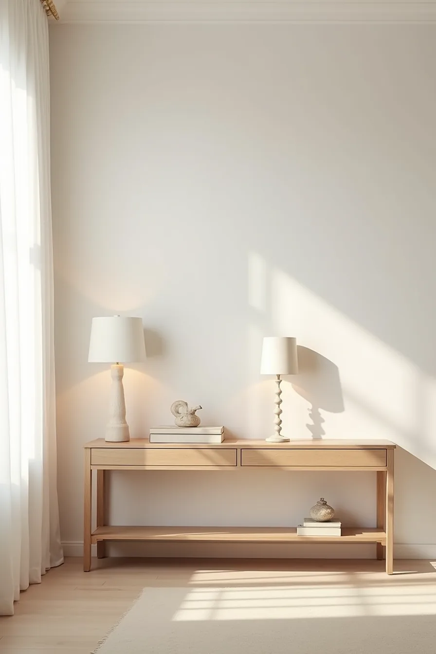 Three console tables of increasing sizes displayed together with appropriately scaled decorative objects on each surface.
