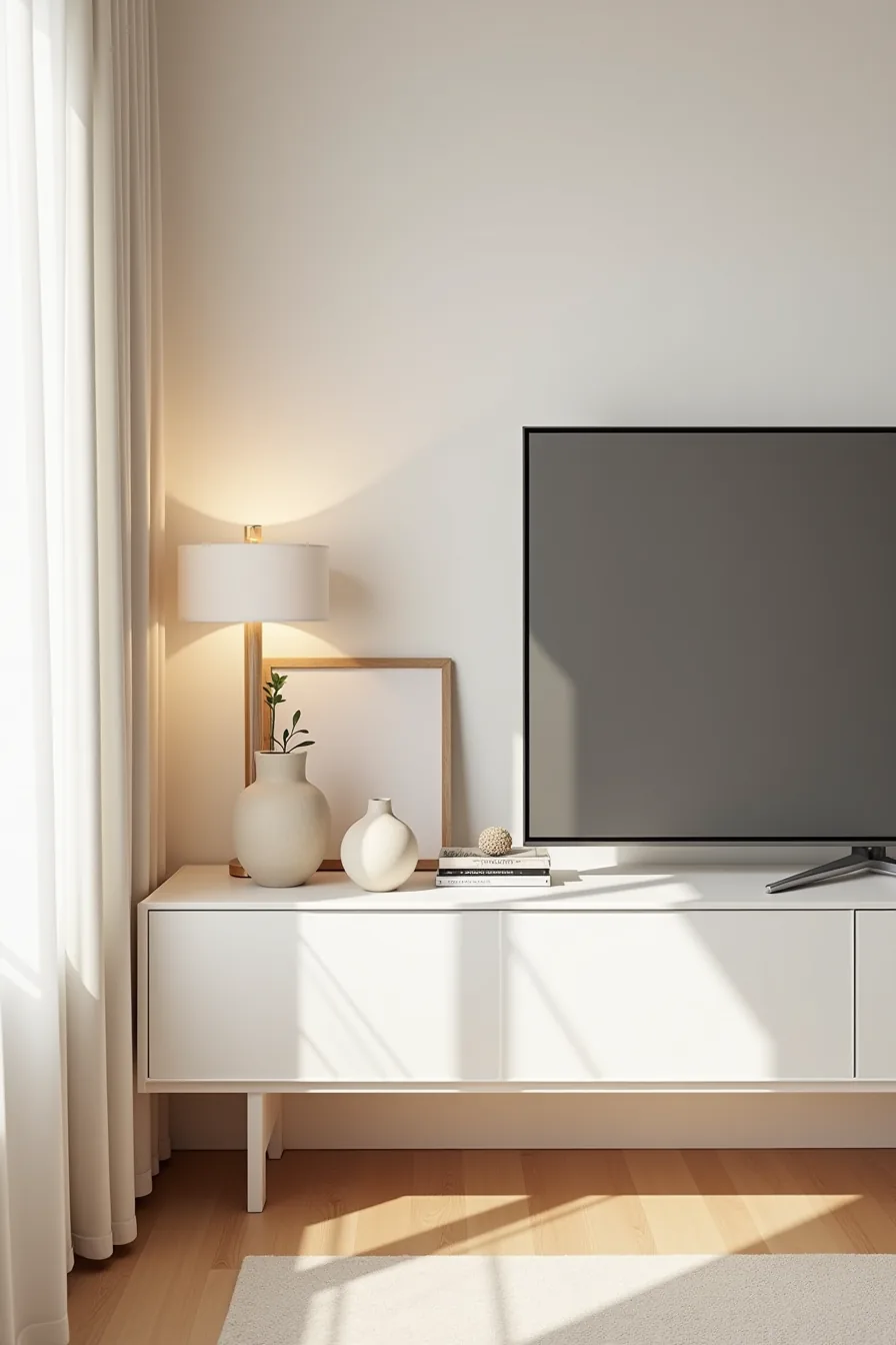 White low console table under a TV displaying two ceramic vessels and a leaning framed artwork with substantial empty space.