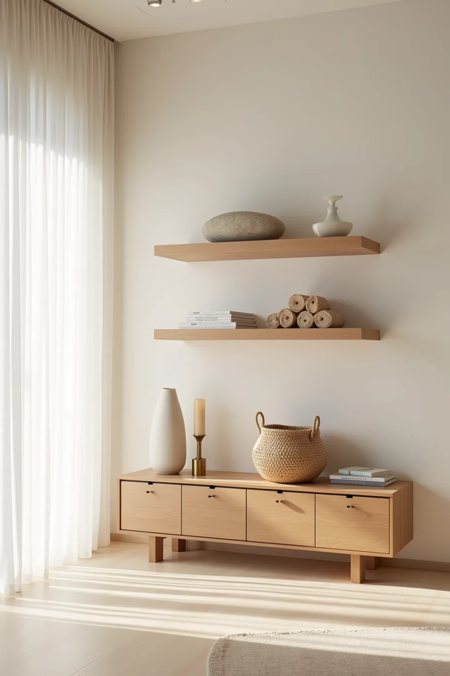 Console table with staggered floating shelves above, ceramic cylinder, brass candlestick, basket, and stone sculpture.