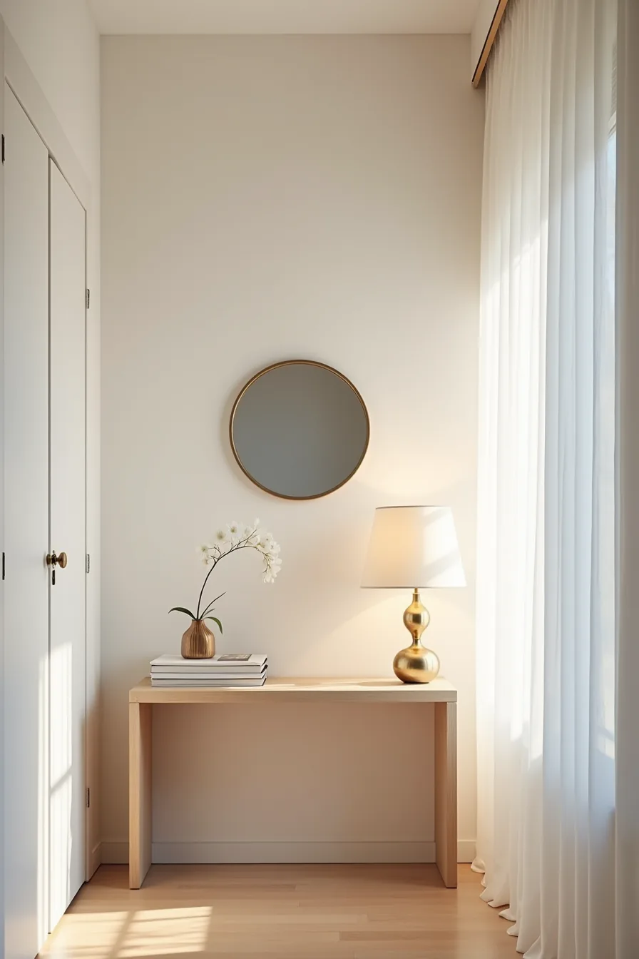 Hallway console table with round mirror above and brass lamp, viewed from down the hallway.