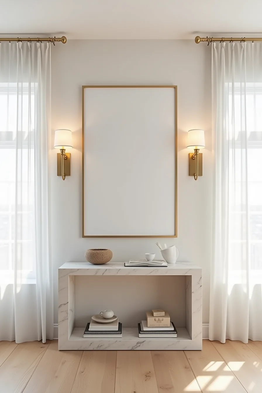 Marble console table with centered museum-quality artwork, brass sconces, and premium ceramic piece.