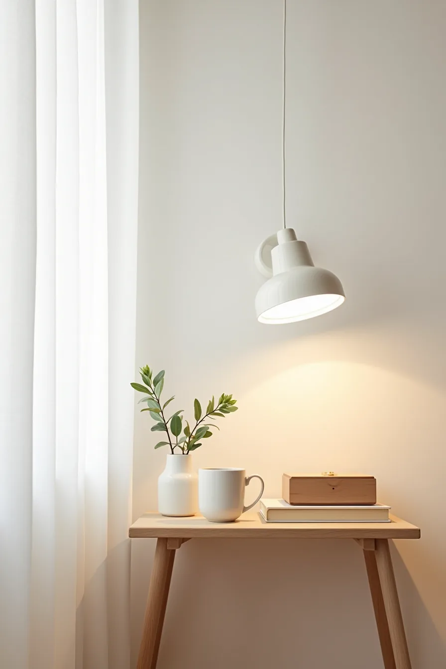 Minimalist console table with ceramic mug, single flower stem, and wooden box on plain wall.