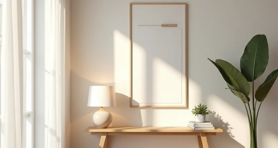Natural wood console table with abstract painting, ceramic lamp, and potted plant in an entryway.