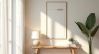 Natural wood console table with abstract painting, ceramic lamp, and potted plant in an entryway.