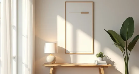 Natural wood console table with abstract painting, ceramic lamp, and potted plant in an entryway.