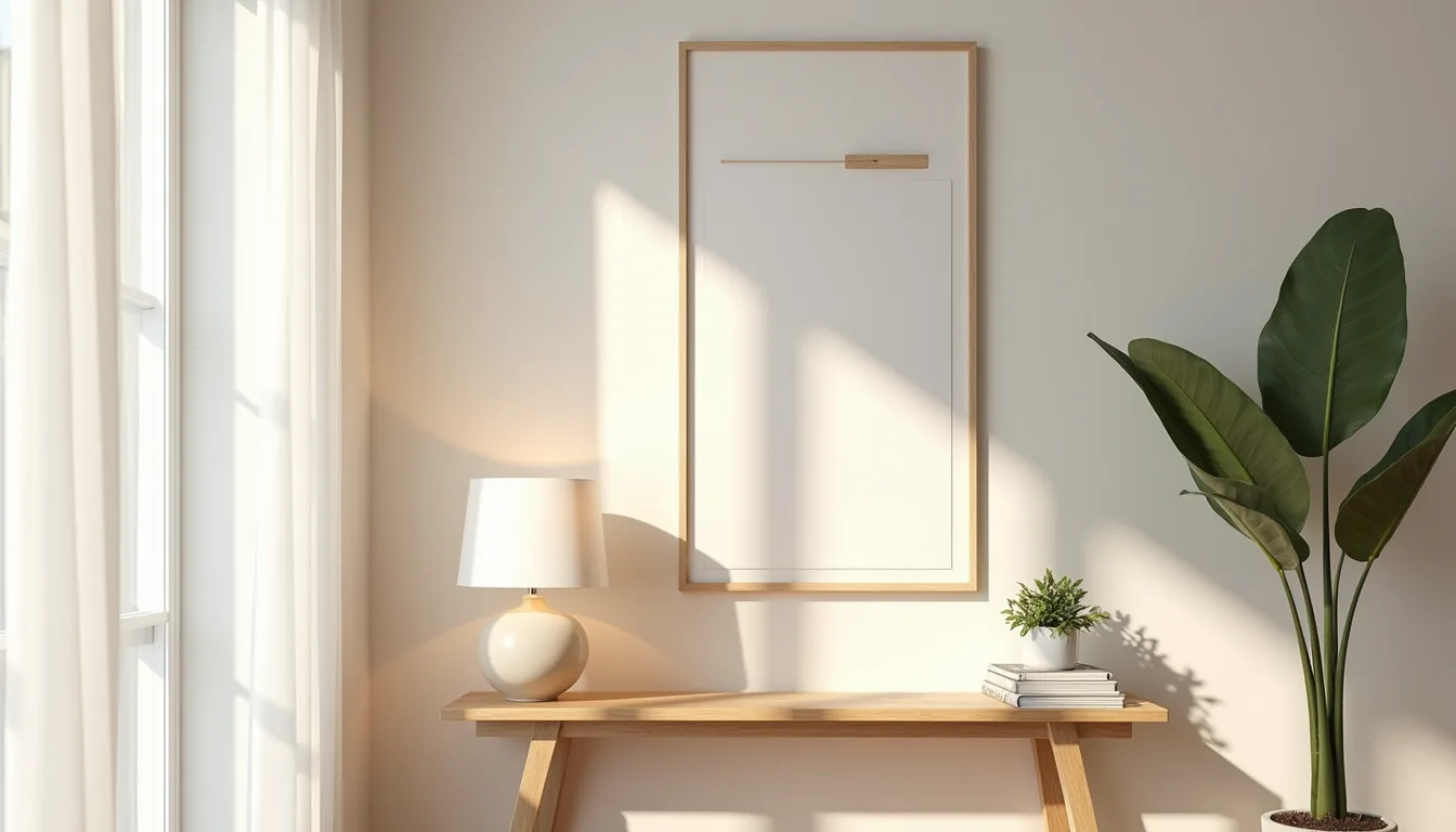 Natural wood console table with abstract painting, ceramic lamp, and potted plant in an entryway.