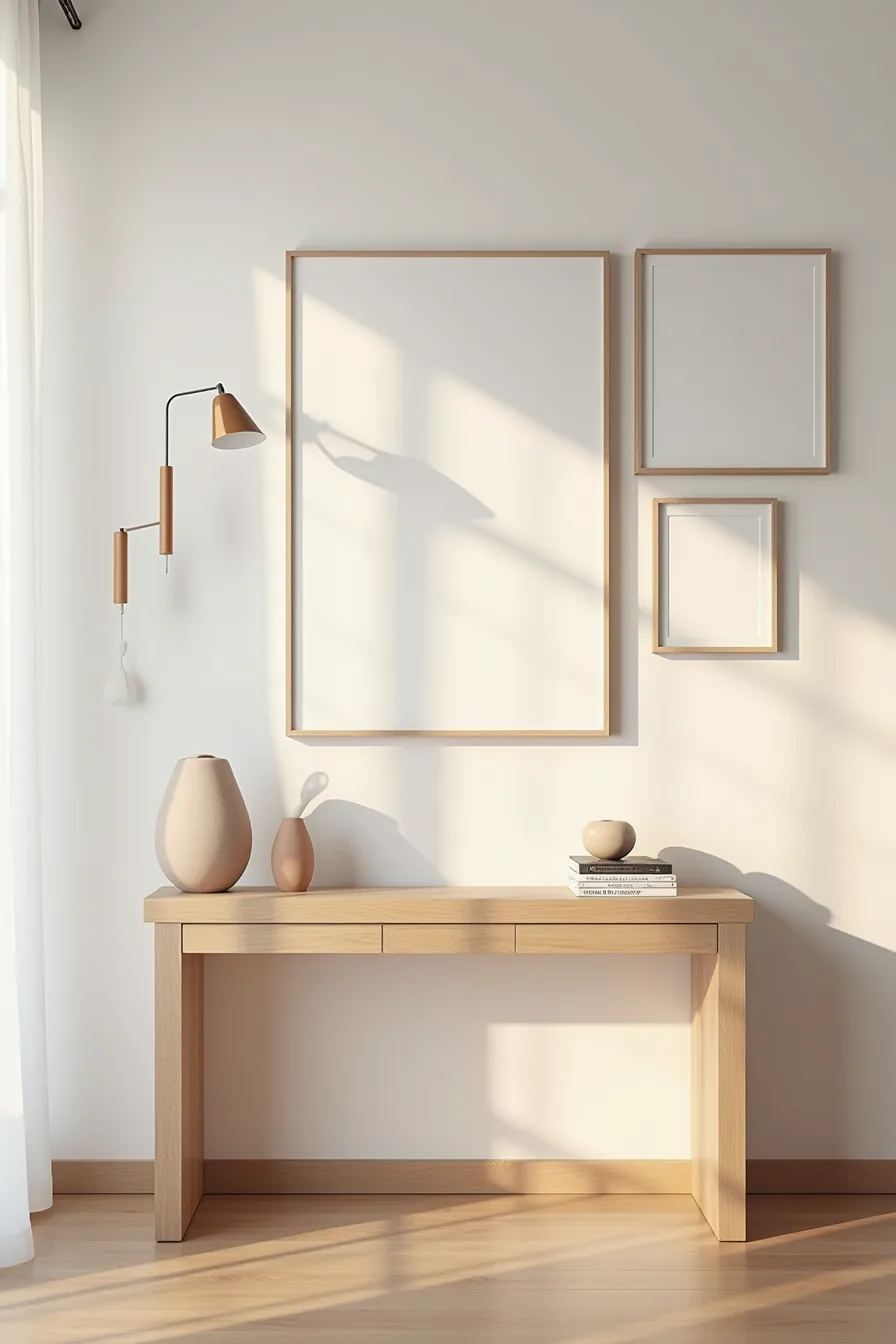 Console table with five salon-style framed prints above and sculptural vase with stacked objects on surface.